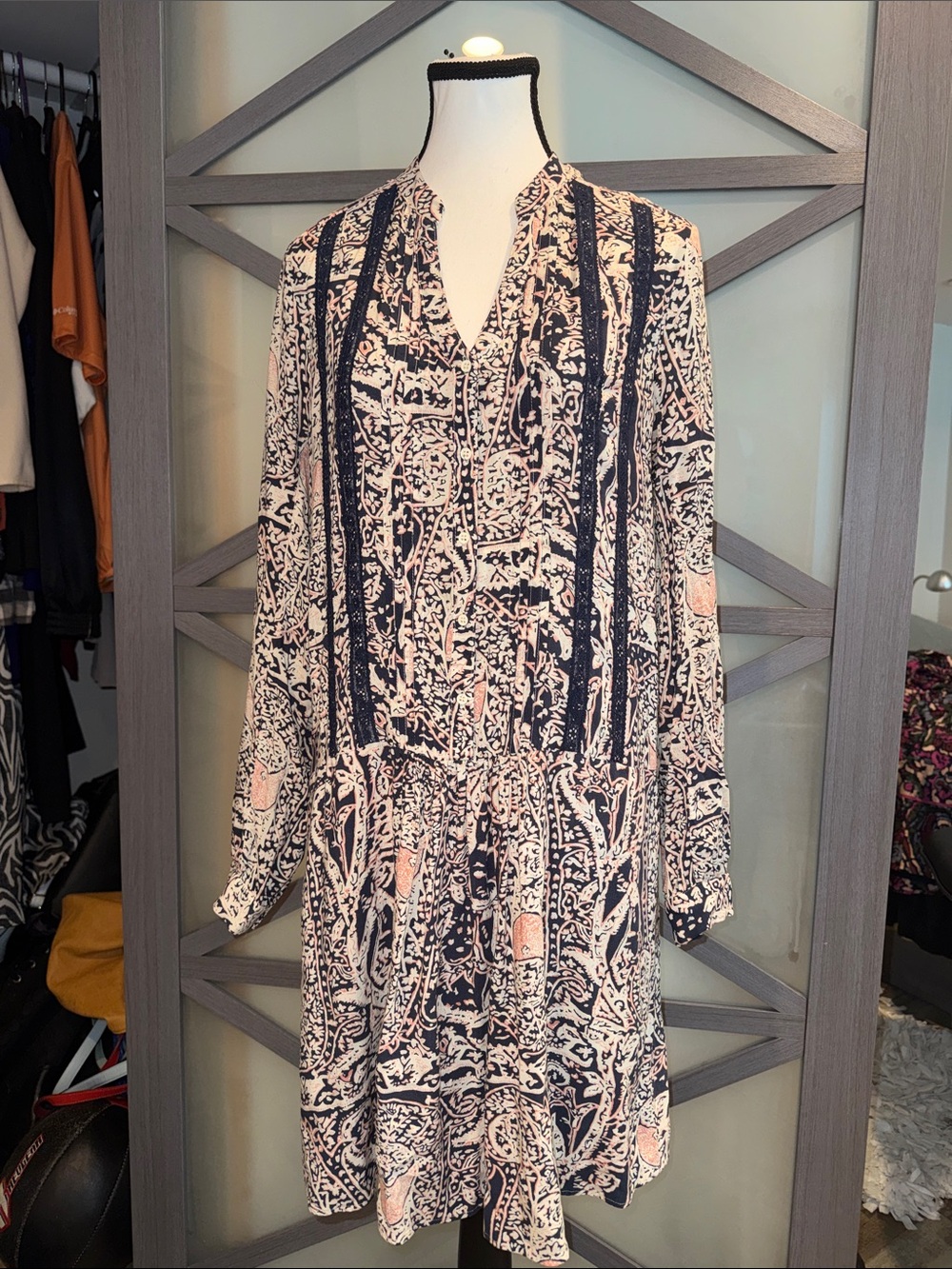TINY Anthropologie Caviana Shirtdress Small Navy Pink Paisley Lace Boho